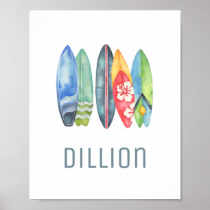 Surfboard Watercolor Individuelle Name Print Poster