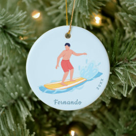 Surfboy Surfer Reiten einer Welle Name & Jahr Wass Keramik Ornament