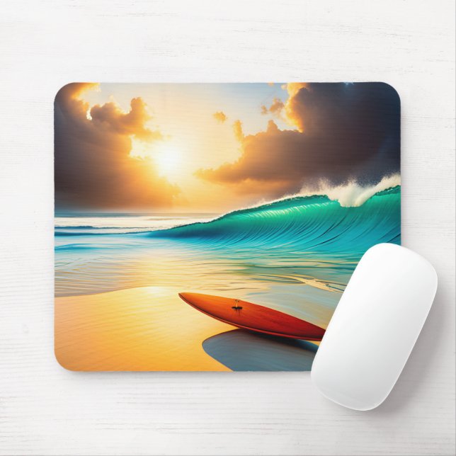 Surfbrett am Strand von Sunrise Mousepad (Mit Mouse)