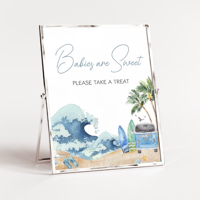 Surfbrett Beach Baby Dusche Kinder sind süß Poster (Surfing Summer Baby Shower Babies are Sweet Sign)