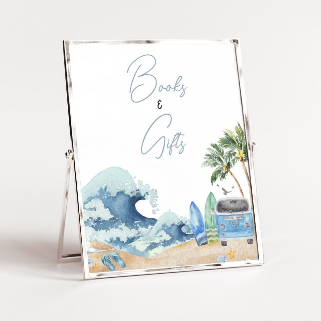 Surfbrett Beach Babydusche Bücher und Geschenke Poster (Surfing Summer Baby Shower Books and Gifts Sign)