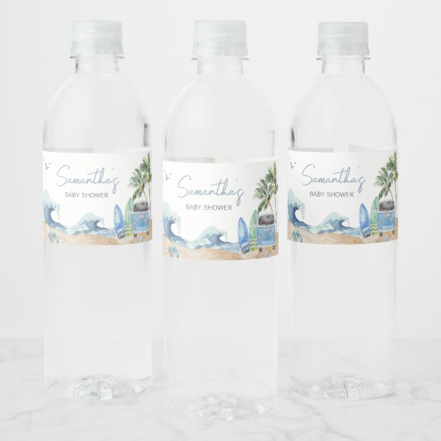 Surfbrett Beach Babydusche Wasserflaschenetikett (Flaschen)