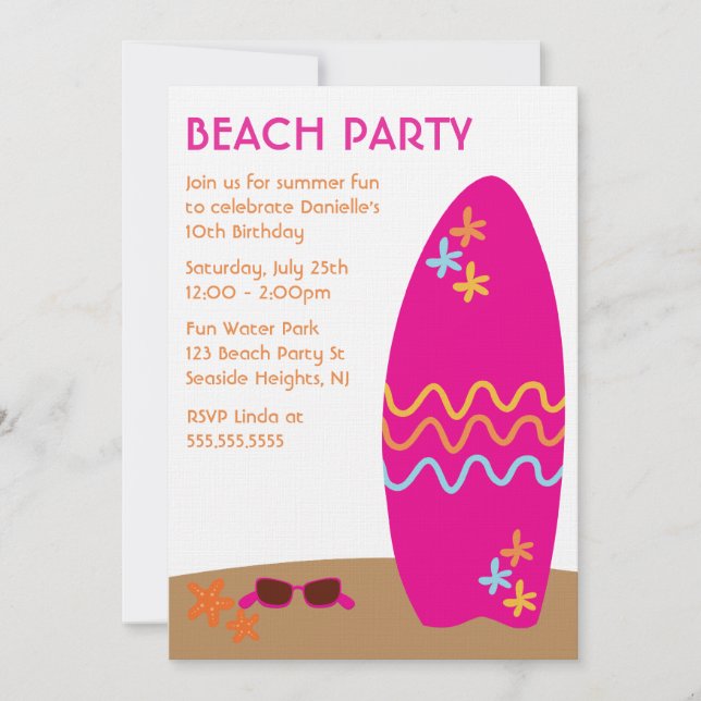 Surfbrett Beach Party Einladungen (Vorderseite)