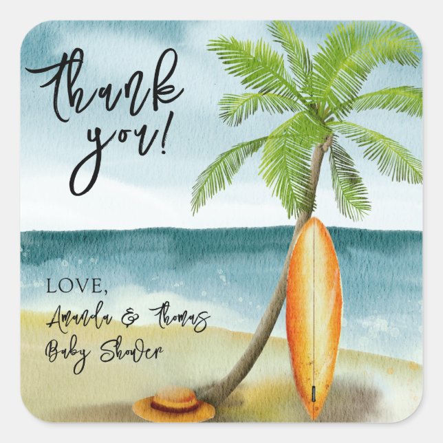 Surfbrett in Strandfarbe - vielen Dank Quadratischer Aufkleber (Vorderseite)