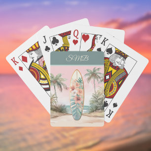 Surfbrett Tropische Insel Blumen Palme mit Namen Spielkarten