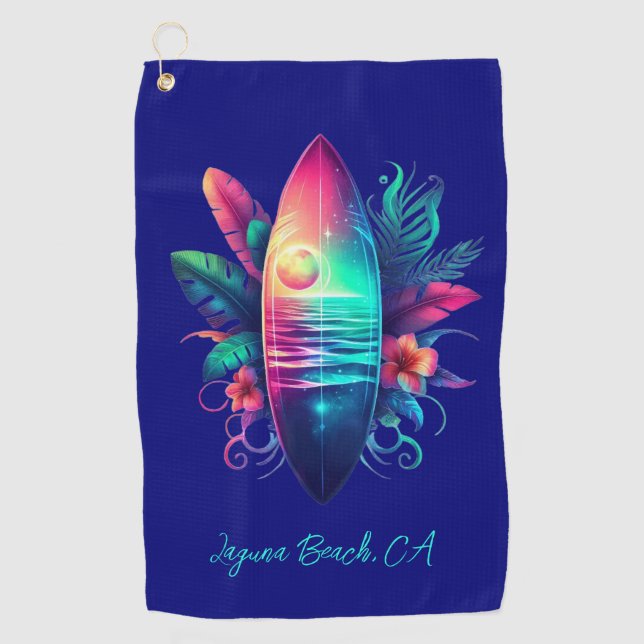 Surfbrett Tropischer Strand- Golfhandtuch (Vorderseite)