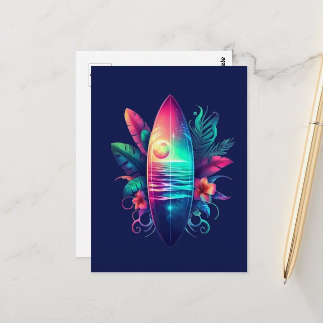 Surfbrett Tropischer Strand Postkarte (Vorderseite/Rückseite Beispiel)