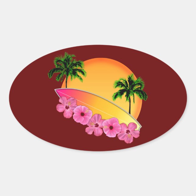 Surfbrett und Hibiskus Blume Ovaler Aufkleber (Vorderseite)