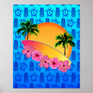 Surfbrett und Hibiskus Blume Poster