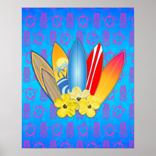 Surfbrett und Hibiskus Blume Poster