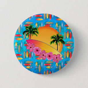Surfbrett-und Hibiskus-Blumen Button