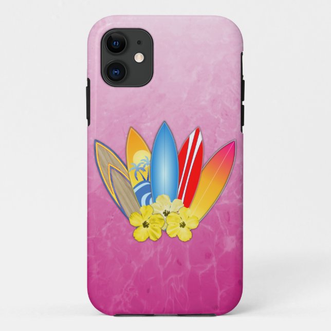 Surfbrett-und Hibiskus-Blumen Case-Mate iPhone Hülle (Rückseite)