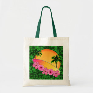 Surfbrett-und Hibiskus-Blumen Tragetasche