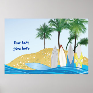 Surfbretter an einem tropischen Strand mit Palmen Poster