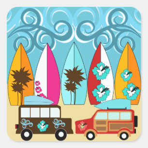 Surfbretter Beach Bum Surfing Hippie Vans Quadratischer Aufkleber