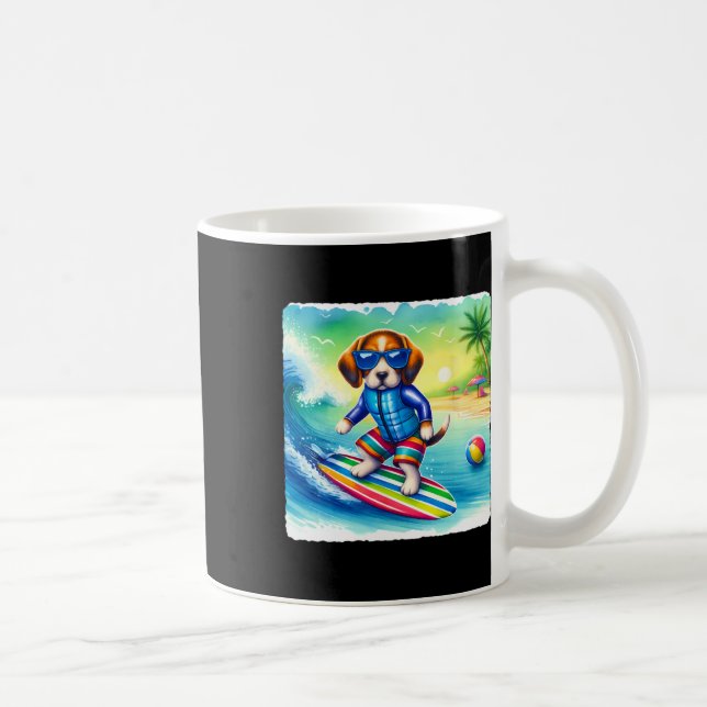 Surfen Beagle in Sicherheitsweste auf der Welle. S Kaffeetasse (Rechts)