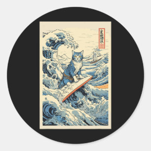 Surfen Cat Hokusai Great Wave Off Kanagawa Japane Runder Aufkleber