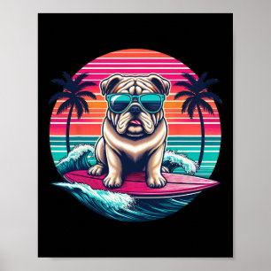 Surfen Englische Bulldogge Retro Sonnenuntergang M Poster