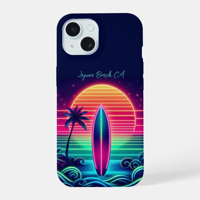  Surfen im Neon-Sonnenuntergang  iPhone 15 Hülle (Rückseite)