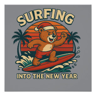 Surfen ins neue Jahr - Retro 80er Vintage Bär Poster