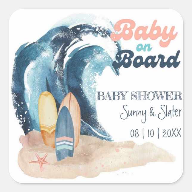 Surfen ist auf | Baby an Bord Beach Baby Dusche Quadratischer Aufkleber (Vorderseite)