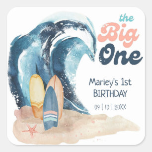 Surfen ist auf Der Big One Beach 1. Geburtstag Quadratischer Aufkleber