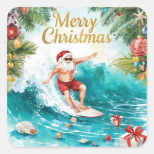 Surfen Santa Frohe Weihnachten Küstenfeiertag Quadratischer Aufkleber