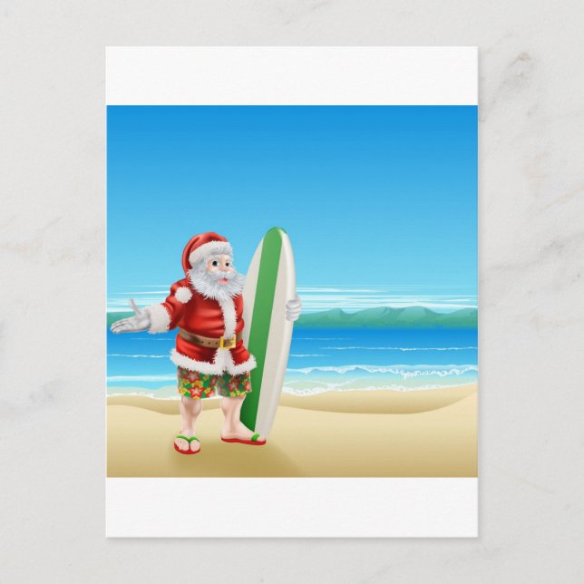 Surfen Sie Santa am Strand Feiertagspostkarte (Vorderseite)
