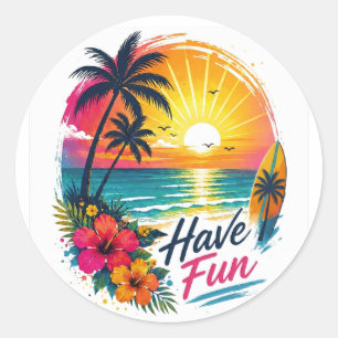 Surfen, Sonne & Palmen – Tropische Sommer Stimmung Runder Aufkleber