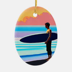 Surfen Stehend am Strand bei Sonnenuntergang Keramik Ornament