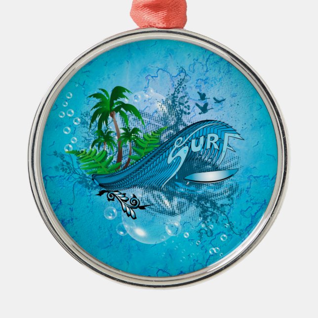 Surfen, Surfbrett mit Palme Silbernes Ornament (Vorne)