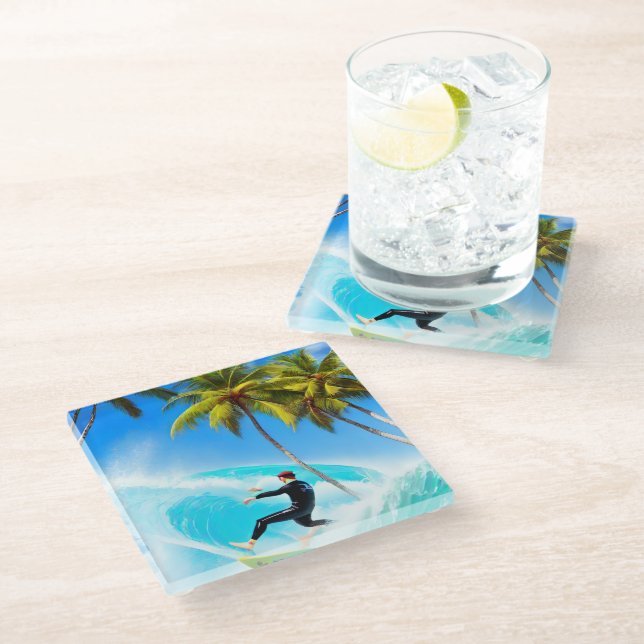 Surfen über eine große Welle Glasuntersetzer (Schrägansicht)