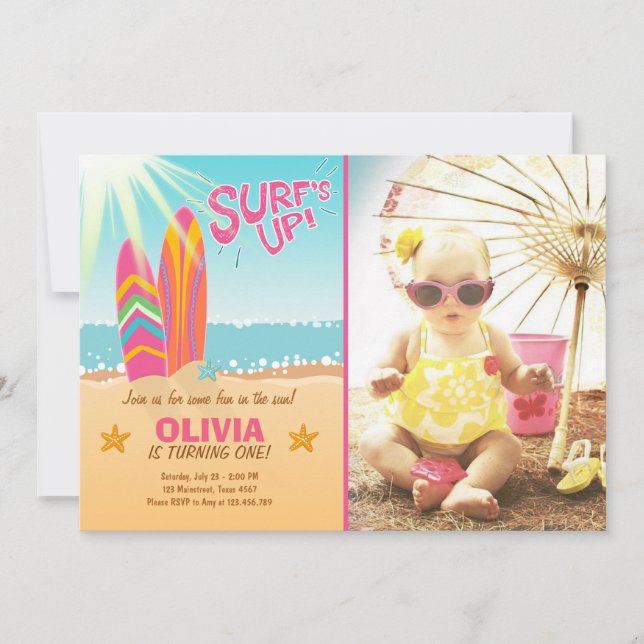 Surfen zum Geburtstag Einladung Surf's Up Beach Gi (Vorderseite)