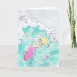 Surfende Sankt auf einer Grußkarte Feiertagskarte