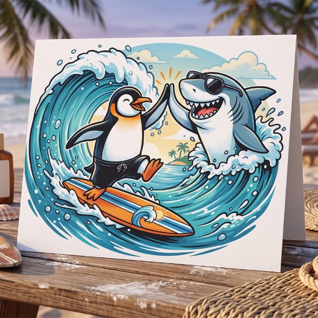 Surfender Pinguin und Hai geben sich High Five Karte (Von Creator hochgeladen)
