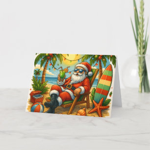 Surfender Weihnachtsmann auf tropischem Strand Wei Feiertagskarte