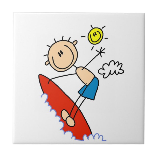 Surfendes Jungen-Strichmännchen Fliese (Vorderseite)