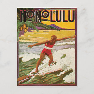 Surfer am tropischen Strand von Honolulu, Vintage- Postkarte