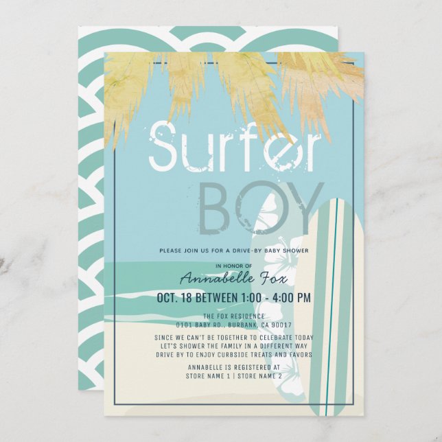 Surfer Boy Surfboards Beach Drive by Baby Shower Einladung (Vorne/Hinten)