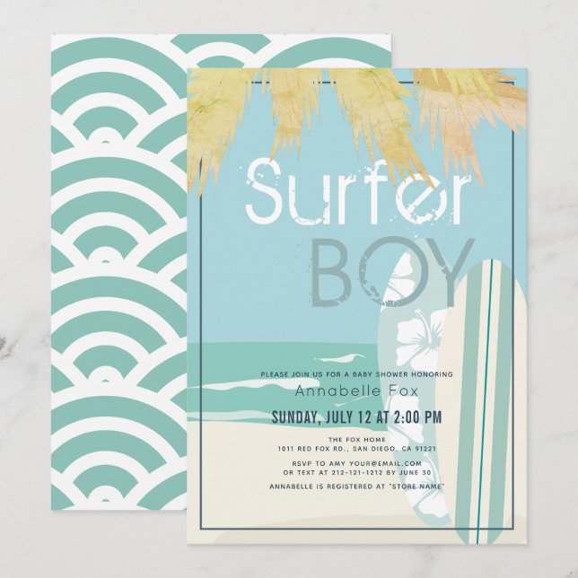 Surfer Boy Surfbretter Beach Baby Dusche Einladung (Vorne/Hinten)