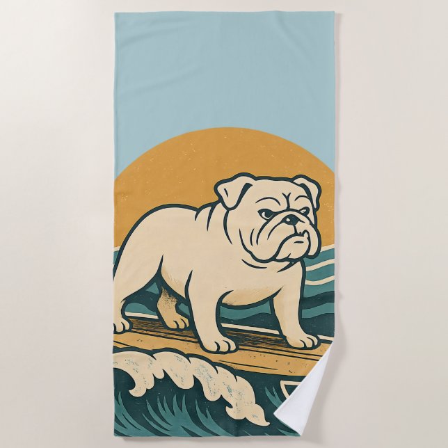 Surfer Dog Retro Bulldog Surf Grafik auf einem Pro Strandtuch (Vorderseite)