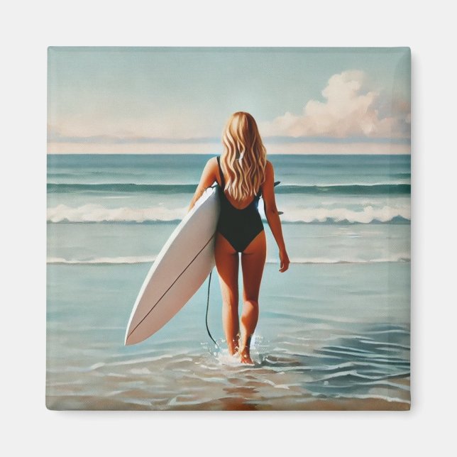 Surfer Girl am Strand Magnet (Vorne)