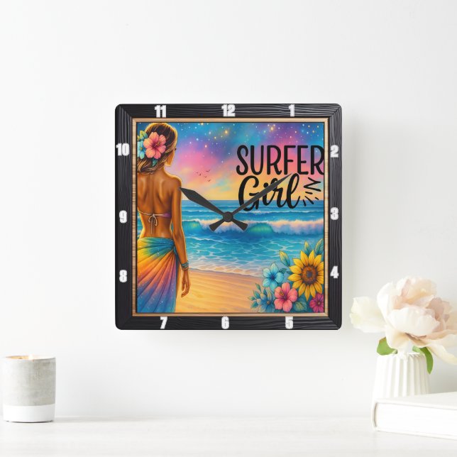 Surfer Girl Beach Sunset Quadratische Wanduhr (Zuhause)