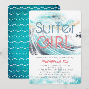 Surfer Girl Blue Wave Splash Surfing Baby Dusche Einladung