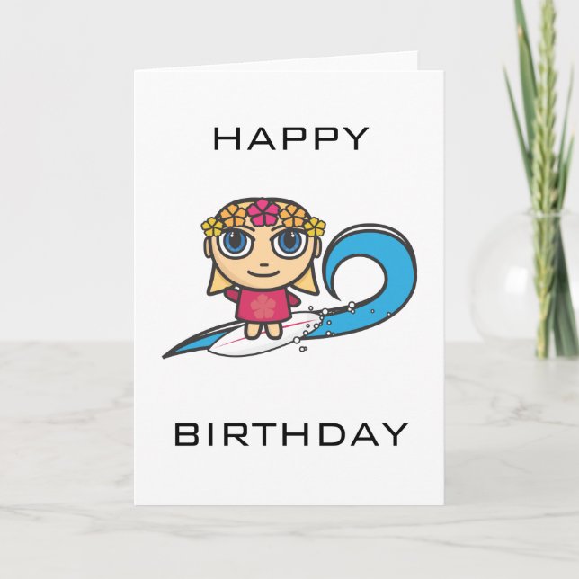 Surfer Girl Cartoon Character Happy Birthday Card Karte (Vorderseite)