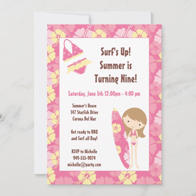 Surfer Girl Geburtstagsparty Einladung (Vorderseite)