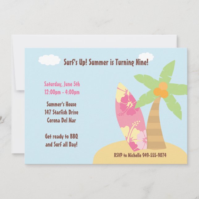 Surfer Girl Geburtstagsparty Einladung (Vorderseite)