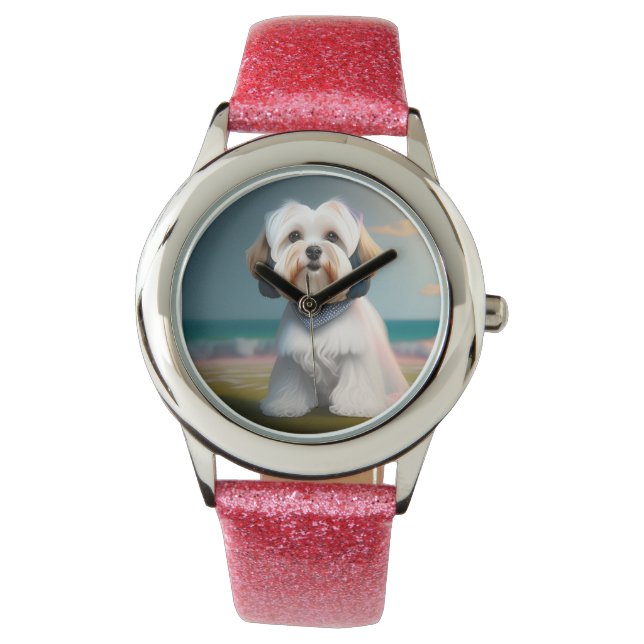Surfer Girl Maltese Terrier Dog eWatch Armbanduhr (Vorderseite)