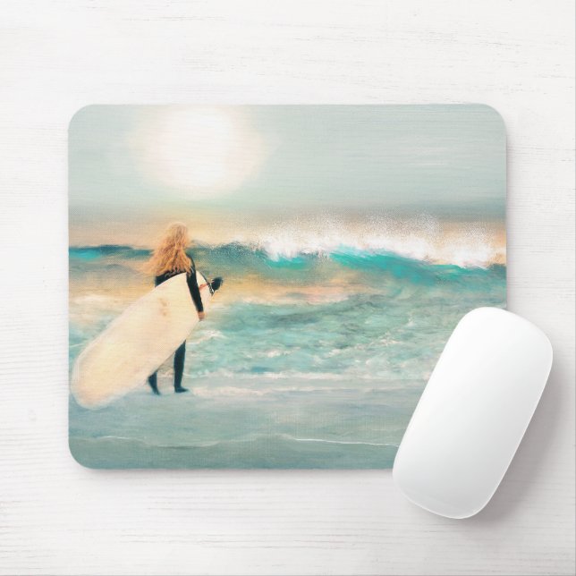 Surfer Girl Tropical Beach Blue Waves Mousepad (Mit Mouse)