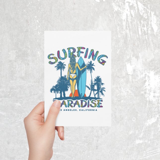 Surfer Girl Vintag California Postkarte (surfing paradise vintage postcard)